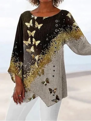Colorful Casual Graphic Tops Round Neck Butterfly Printed Long Sleeve Blouse