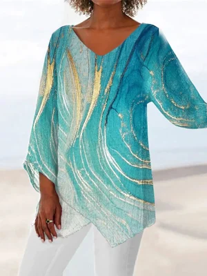 Women's V-neck Long Sleeve Abstract Printed Irregular Hem Casual Tunic Top