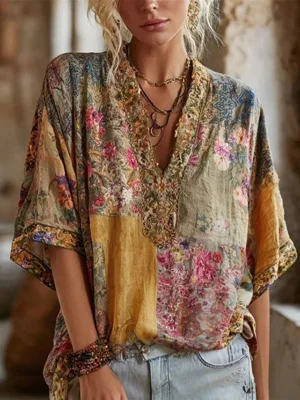 Vintage Floral Print V-neck Half Sleeve Blouse