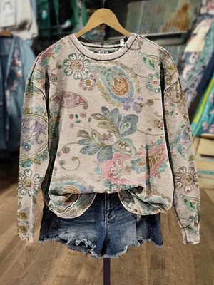 Vintage Floral Print Round Neck Long Sleeve Sweatshirt