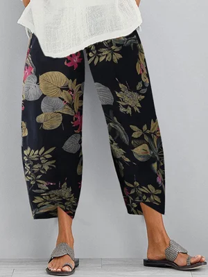 Casual Floral Printed Cotton Linen Loose Pants