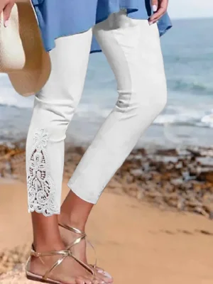 White Casual Solid Lace Legging Pants