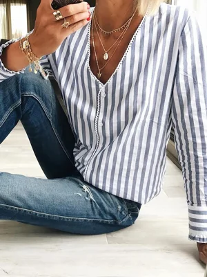 Blue Casual V Neck Stripe Long Sleeve Blouse