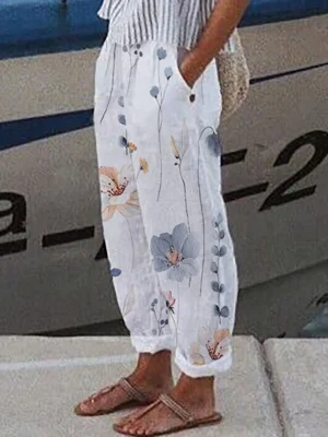 White Casual Floral Printed Daily Pants