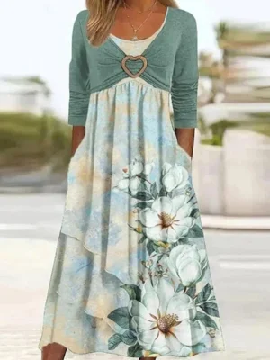 Green Casual Round Neck Floral Printed Long Sleeve Dresses