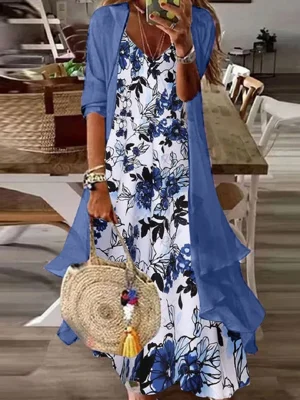 Women's V-neck Floral Print Blue Casual Two-Piece Maxi Dress
