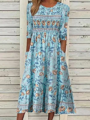 Blue Casual Round Neck Floral Printed Half Sleeve Dresses