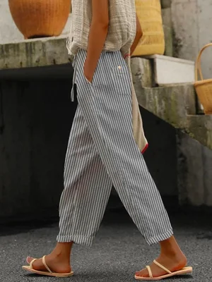 Gray  Casual Stripe Daily Pants with Pockets
