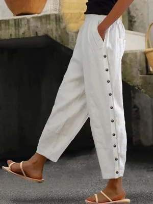 White Casual Solid Pants with Pockets