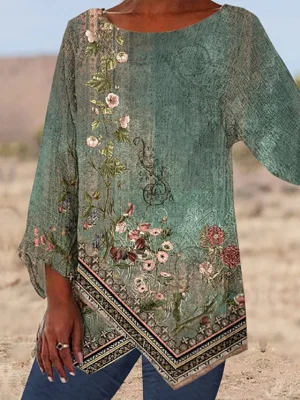 Green Casual Round Neck Floral Printed Long Sleeve Blouse