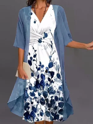Women's Floral Print V-neck Sleeveless Casual Regular Fit Two-Piece Midi Dress