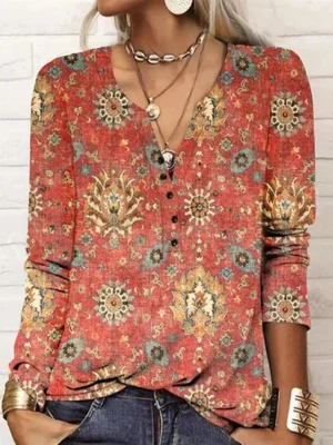 Red Casual V Neck Floral Printed Long Sleeve Blouse