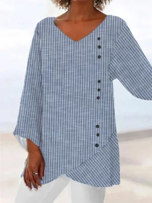 Blue Casual V Neck Stripe Printed Long Sleeve Blouse