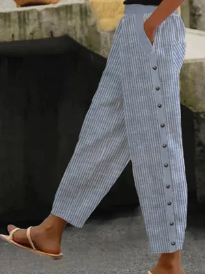 Stripe Casual Loose Pants with Pockets