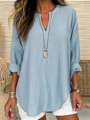 Blue Casual V Neck Solid Long Sleeve Blouse