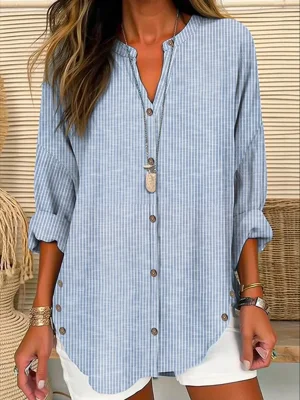 Light Blue Casual V Neck Stripe Long Sleeve Blouse
