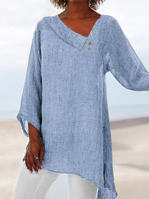 Blue Casual V Neck Solid Long Sleeve Blouse