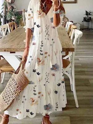White Casual Floral Printed Summer Long Sleeve Dress