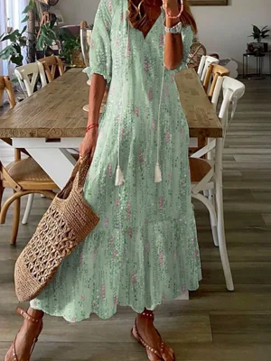 Green Casual V Neck Summer Half Sleeve Dress