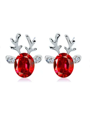 Crystal Gem Antler Stud Earrings for Christmas