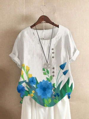 White Casual Floral Printed Round Neck Blouse