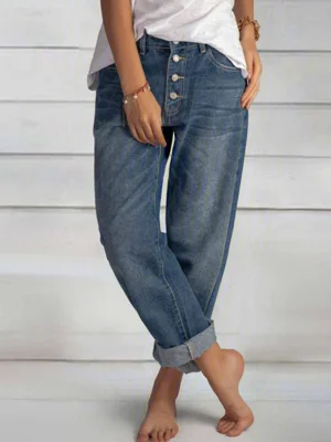 Women's Loose Casual Button Straight Leg Jeans With Pockets
