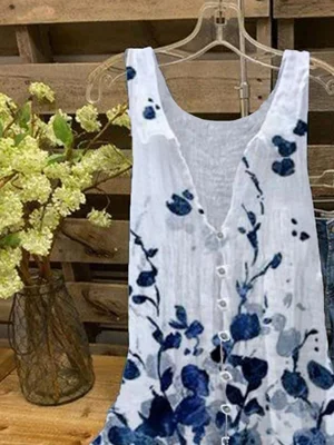 White Casual Summer V-neck Sleeveless Floral Printed With Buttons Tops