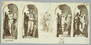 Drawing, Four Statues in Niches: Music, Architecture, Painting, and Sculpture; Study of Bacchus and Mercury