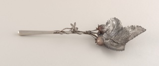 Berry Server with Leaf-form Bowl, Red Enameled Strawberries and Dragonfly Server