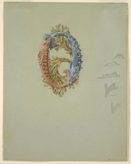 Drawing, Design for a Belt Buckle with Two Fish and Seaweed