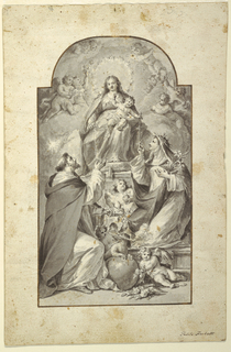 Drawing, Design for an Altar Painting, Saint Dominic and Saint Catherine of Siena Receiving the Rosary from the Virgin and Child