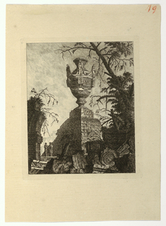 Print, Pyramide surmontée d'un vase monumental, from "Collection de divers sujets de vases, tombeaux, ruines et fontaines, utile aux artistes..."