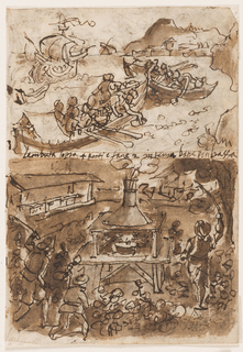 Drawing, The Collecting of Bitumen [above]; Catching Night Moths [below]