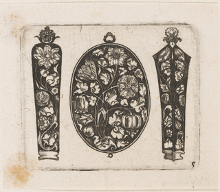 Print, "Oblong Fillet Flanked by Two Needle Cases (?)," Plate 5 from "Goldsmith Ornament Designs"
