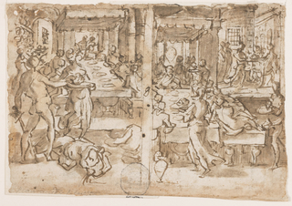Drawing, Salome given the Head of John the Baptist [left]; Salome offers the Head of John the Baptist to her Parents [right]