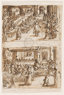 Drawing, Salome Dancing during the Banquet of Herod [above]; Salome Offering John's Head to her Parents [below]
