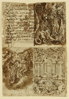 Drawing, Inscription [above left]; Woman of the Apocalyse [above right]; Frontispiece [below right]; Coronation of the Virgin [below left]