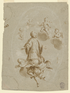 Drawing, St. Aloysius Gonzaga is received in Heaven by the Christ Child