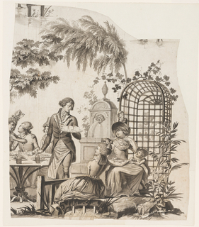 Drawing, Fragments of an incomplete cartoon for cotton printing: La Course Anglaise