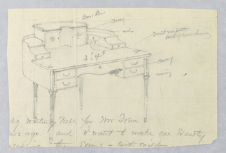Drawing, Design for Writing Table with Top Cabinet and Ionic Capitals Atop Legs