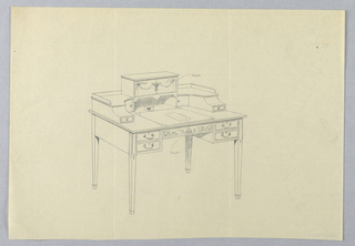 Drawing, Design for Ornate, Three-Tiered, Rectangular Writing Table