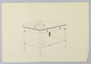 Drawing, Design for Serving Table with Tray and Stack of Plates Atop