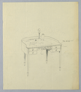 Drawing, Design for Semi-Circular Writing Table with Ornate Carved Panel Center Front