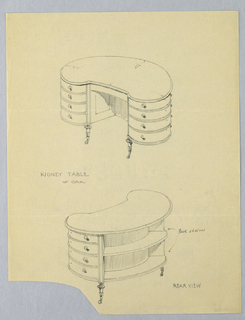 Drawing, Design for Kidney-Shaped Writing Table with Book Shelves at Back