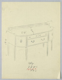 Drawing, Design for Sideboard with Brass Rail and Rounded Corners