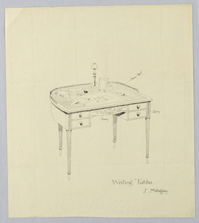 Drawing, Design for Semi-Circular Writing Table with Brass Railing