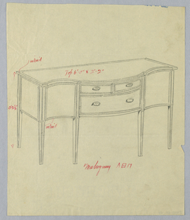 Drawing, Design for Sideboard with Serpentine Front and Three Drawers