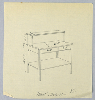 Drawing, Design for Serving Table with Two Drawers and Upper Shelf