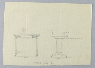 Drawing, Design for Writing Table "B" in Elevation and Side Views