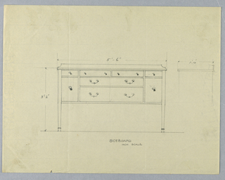 Drawing, Design for Sideboard with Six Drawers in Plan and Elevation